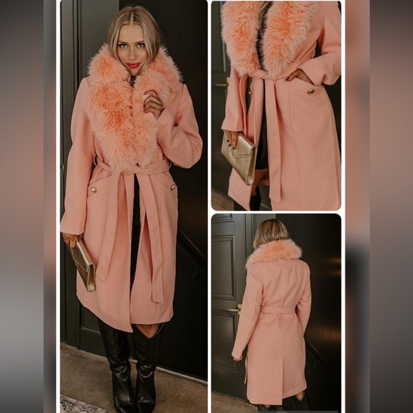 Chic Peach Coat with Faux Fur Collar - Picture 10 of 11